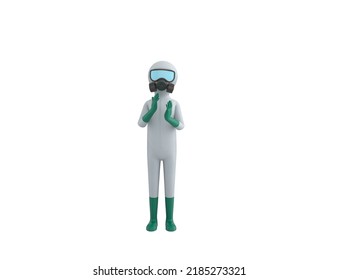 Man In White Hazmat Suit Character Applauding In 3d Rendering.