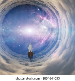 Man In White Robe Floating In Boat In Space. 3D Rendering