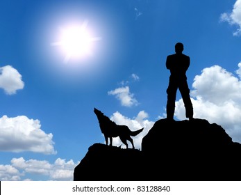 Man And A Wolf On A Mountain Top