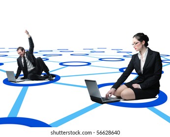 man and woma use laptop on virtual 3d web connection