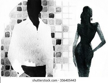 Man And Woman .abstract Watercolor Illustration