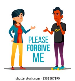 Man And Woman Asking Forgiveness Cartoon Poster. Please Forgive Me Typography. Dark Skin Male And Asian Female Characters Arguing. People Talking, Communicating, Apologizing Flat Illustration