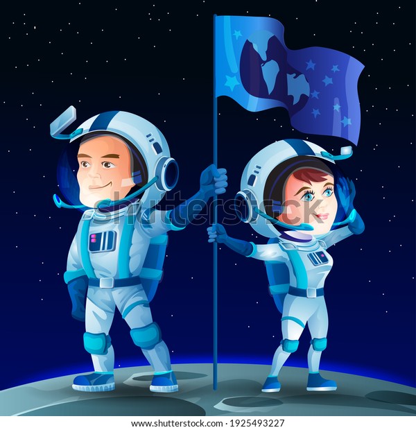 Man and woman\
astronauts on the Moon with a flag. Cosmonaut cute cartoon\
characters. Moon surface and\
space.