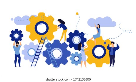 Man And Woman Business Organization With Circle Gear Concept Illustration Mechanism Teamwork. Skill Job Cooperation Coworker Person. Group Company Process Development Structure Workforce Banner