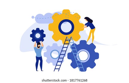 Man and woman business organization with circle gear concept illustration mechanism teamwork. Skill job cooperation coworker person. Group company process development structure workforce banner - Shutterstock ID 1817761268