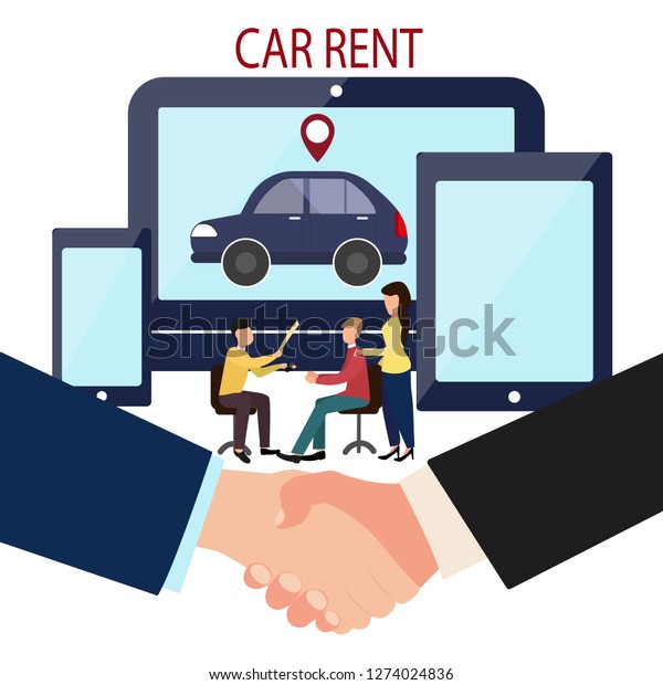 Man, woman and car\
dealer. Online deal making. Rent a car. Business handshake. \
illustration in flat style of the dealer transfers the keys to the\
car and the\
contract