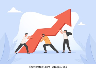 Man And Woman Carrying Ascending Arrow Chart Together. Concept Of Team Effort, Teamwork, Collective Work For Progress, Development And Growth Of Company. Modern Flat Illustration For Poster.