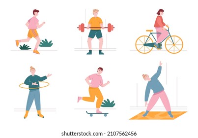 Man and woman characters exercise and doing sport at home and outdoor. illustration set of people workout, doing yoga and running. Stretching, cycling, skating, weightlifting. - Powered by Shutterstock