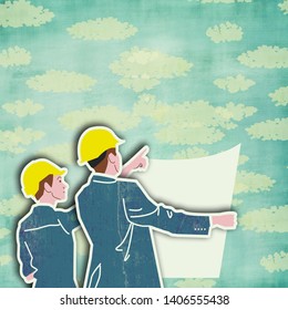 man and woman in construction clothing with safety helmet, viewed from the back holding building plan - Powered by Shutterstock