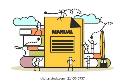 Man And Woman Create Document Book Manual. Business Handbook Advice Content . Online Web Paper Digital Illustration Article Journalism. Social Marketing Blogging Design. Promotion Banner Guide