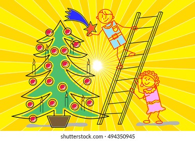 Man and woman are decorating the Christmas tree - concept illustration - Powered by Shutterstock