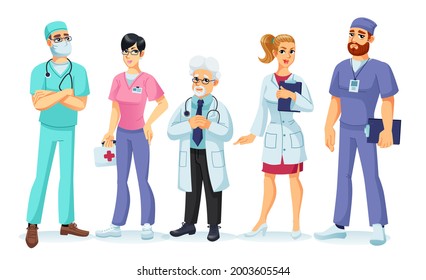 Man Woman Doctor Character In Uniform Set. Professional Medical Team Clinic Staff. Physician Therapist, Nurse, Surgeon, Dentist, Paramedic, Pharmacist Specialist Portrait. Healthcare Provider Group