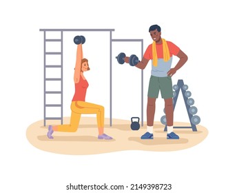 Man and woman with dumbbells working out in gym, male and female doing professional sports. Training and exercising for bodybuilder competition. Keeping fit and healthy lifestyle. in flat - Powered by Shutterstock