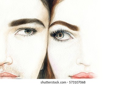 A Man and a Woman. Eyes. Love. Watercolor illuatration