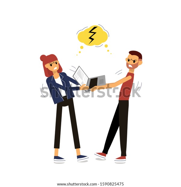 Man and\
woman fighting for property. Pulling laptop. Isolated on white\
background. Flat style stock\
illustration.\
