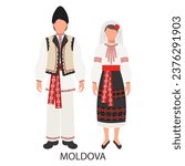 A man and a woman in folk Moldavian national costumes. Culture and traditions of Moldova. Illustration