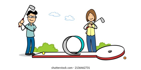 Man And Woman As Friends Or As A Couple Playing Mini Golf In Their Free Time