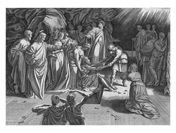 A Man And A Woman Help The Old Lazarus From His Grave. After Christ Called Him, Lazarus Was Brought Back To Life.