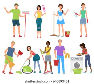 Man and woman janitors cleaners. Cleaning people working washing with cleaning equipmen set. Cleaning stuff service. - Powered by Shutterstock