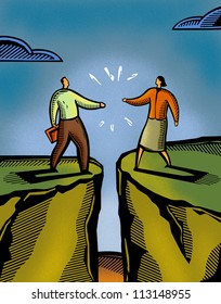 A man and a woman meeting over a crevasse