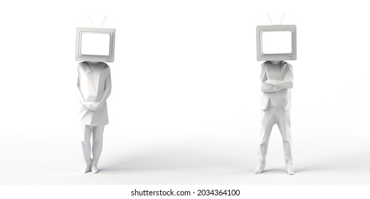 Man and woman with an old television instead of a head. Passive subjects. Control and manipulation of mass media. Television audience. 3D illustration. Copy space.