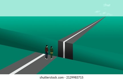 A man and woman on a road come to an obstacle when the road is crossed by a drop off into a chasm in this 3-d illustration about dealing with obstacles.