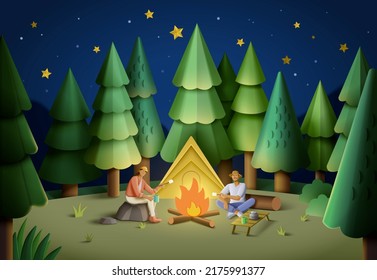 A Man And A Woman In A Pine Forest Sitting By A Tent At Night And Roasting Marshmallows Near Campfire