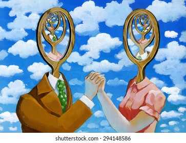 a man and a woman are reflected in each other and create the infinite as two mirrors placed opposite