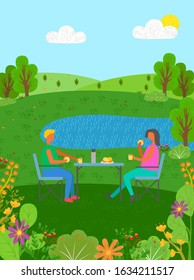 Man and woman relaxing by pond raster, couple eating prepared food by lake, hills and sunshine, flora blooming flowers and bushes, people on date