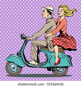 A man and a woman are riding a scooter retro style transport