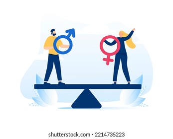 Man And Woman Rights Of Treat Equally. Transgender And Different Genders Rights. Gender Equality, Equal Treatment In Society And Business. Balance On A Swing Male And Female Equal Opportunities. Fair