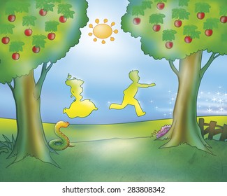 A Man And A Woman Are Running In The Country, Following The Gingerbread Boy (that Is Not In This Illustration). Digital Illustration A Fairy Tale.