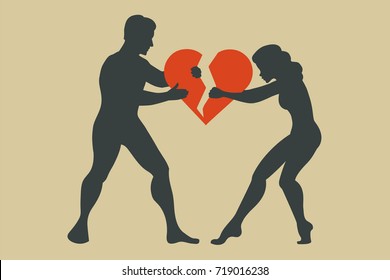Man And Woman. Silhouette Of Conflict Between Couple. Women Break Up With Men