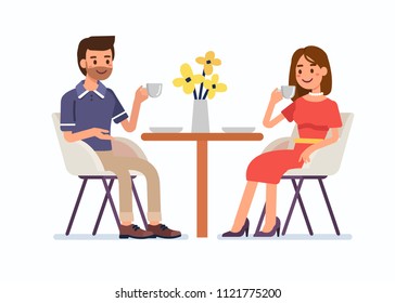 Man and woman sitting together in restaurant and drink coffee. Flat  cartoon style illustration isolated on white background.   - Powered by Shutterstock