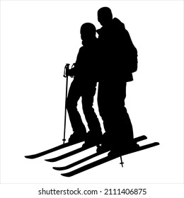 Man, Woman - Skiers. A Guy, Girl In A Ski Suit With Ski Sticks In Their Hands, Skis On Their Feet. Skier Stands Half Sideways, Knees Bent. Winter Sports. Black Silhouette Isolated On White Background.