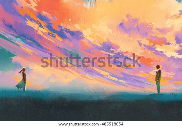man and woman standing opposite of each other against colorful sky, illustration painting