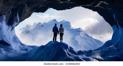 Man And Woman Standing Together Enjoying The Beautiful Landscape View. 3d Rendering Ice Cave. Adventure Composite. Aerial Background From BC, Canada. Love, Relationship, Valentine Concept