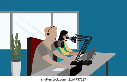 A man and a woman is in the studio celebrating International Podcast Day at copy space background. Flat illustration. - Powered by Shutterstock