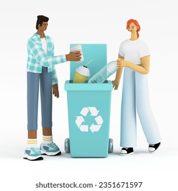 a man and a woman take care of the environment. Volunteers sort waste by putting garbage bags in trash cans for recycling. Sorting, recycling and zero of waste. 3d render illustration. - Powered by Shutterstock