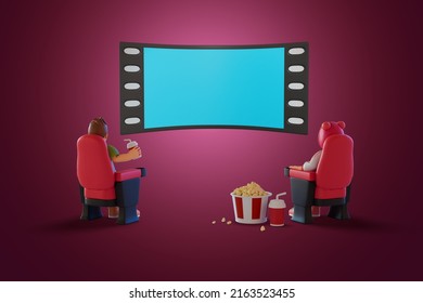 Man And Woman Watching Movie And A Screen That Is A Film Roll. 3D Render Illustration