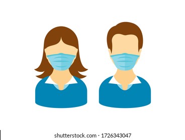 Man And Woman Wearing Medical Mask On Face To Prevent Covid-19 Illustration. People With Coronavirus Mask Clip Art. Face With Protective Mask Icon. Coronavirus Icon. Coronavirus COVID-19 Disease Icon