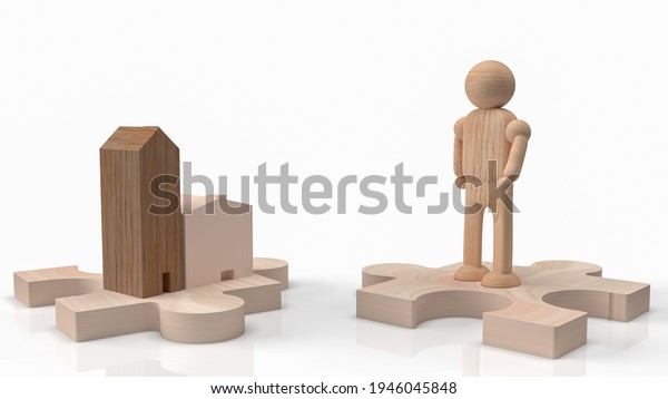 man wood figure and home wood on jigsaw for car\
or transport content 3d\
rendering
