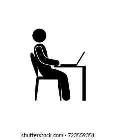 Man Working At A Computer, Sitting At A Table On A Chair, Stick Figure Pictogram Isolated Raster