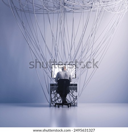 Man working on a computer . Social media addiction and burnout concept . This is a 3d render illustration .