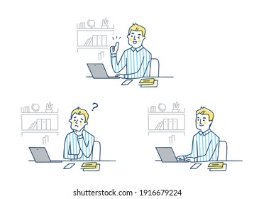 A man working on a computer with various facial expressions