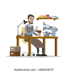 Man working in the shoe repair service. Cobbler sitting at the desk and repair boots with special equipment. Isolated  flat illustration - Powered by Shutterstock