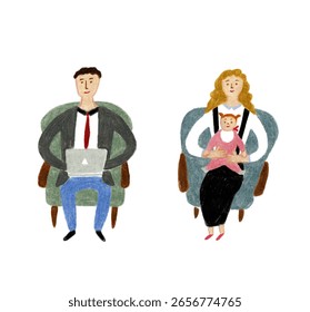 A man working while sitting on a single-seater sofa and a woman holding a baby