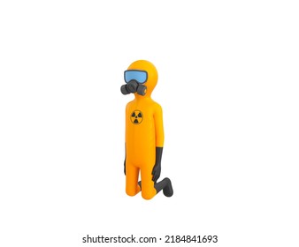 Man In Yellow Hazmat Suit Character Kneeling In 3d Rendering.