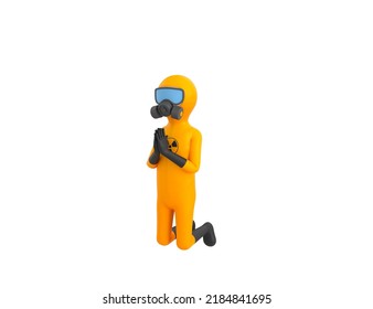 Man In Yellow Hazmat Suit Character Kneeling And Pray In 3d Rendering.