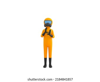 Man In Yellow Hazmat Suit Character Applauding In 3d Rendering.